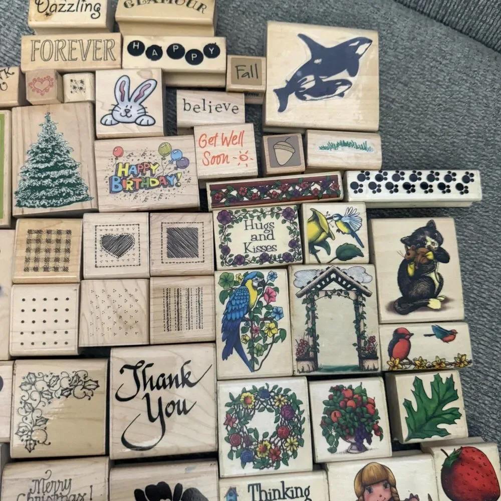 60+ Large Lot Vintage Rubber Wooden Stamps Seasons Words DOTS Sky Kids & More